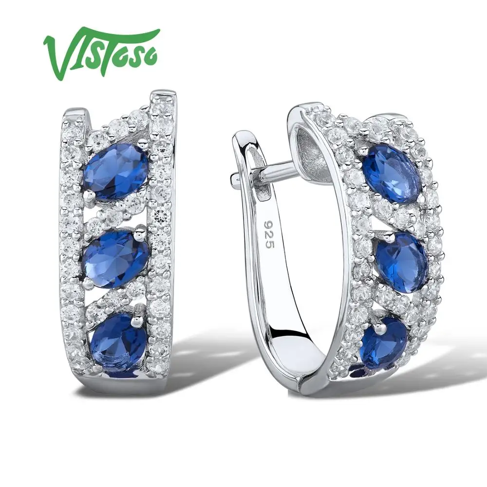 

VISTOSO Silver Earrings For Women Authentic 925 Sterling Silver Sparkling Blue Crystal Cubic Zirconia brincos Party Fine Jewelry