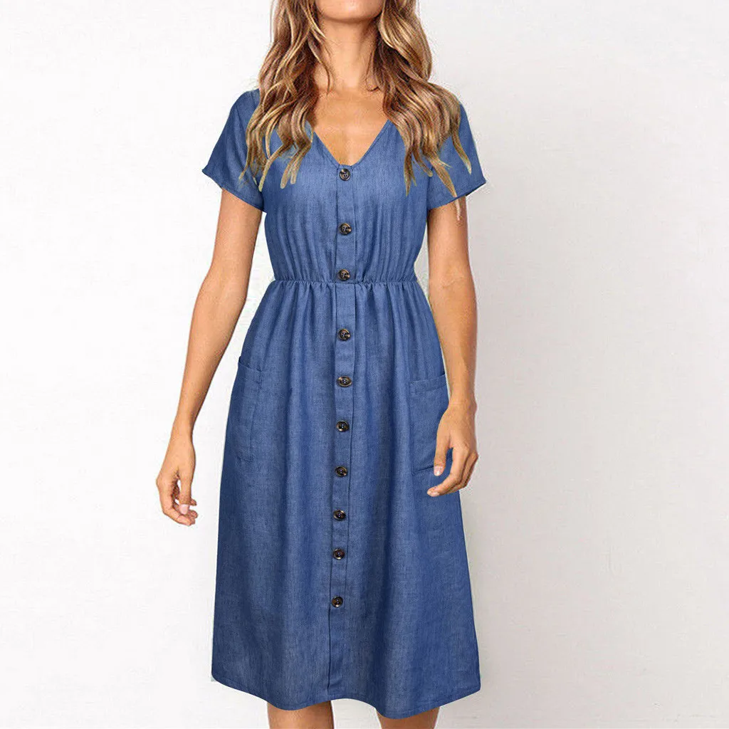 Summer Clothes For Women Holiday Strappy Button Pocket Denim Dress ...