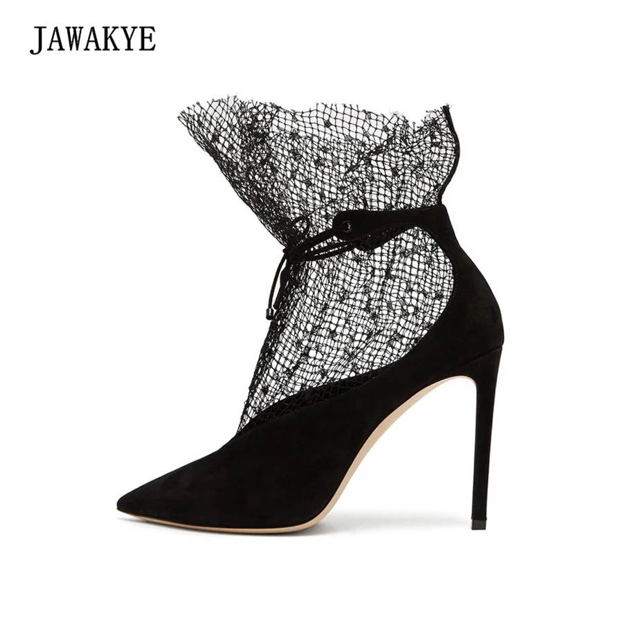 

Sexy black wave dot Lace gauze patchwork sandals women pointed toe super thin high heels summer stiletto elegant party shoes