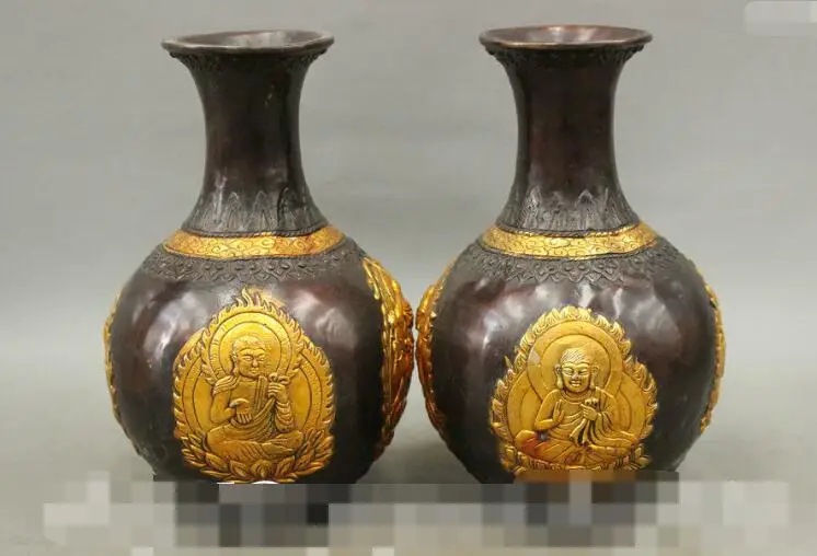 

S06675 9" Tibet Buddhist Bronze Gilt Protector Deity Buddha Statue Bottle Vase Pot Pair