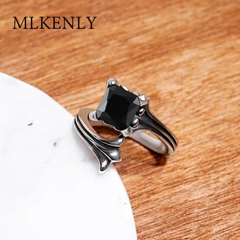 

MLKENLY Vintage 925 Sterling Silver Open Rings For Women Natural Black Stone Retro Thai Silver Jewelry Adjustable