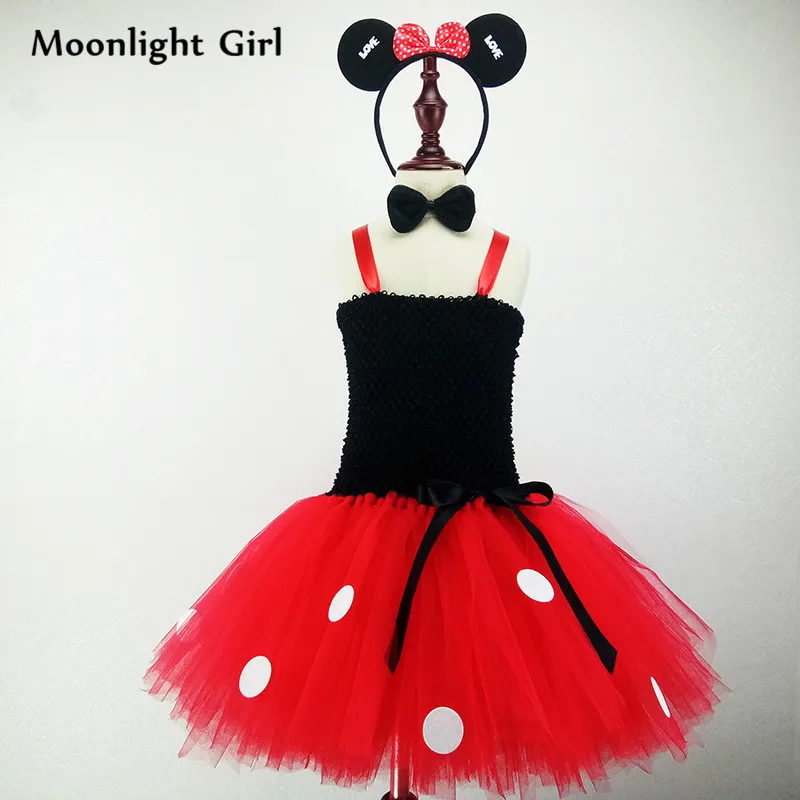 

Fashion Black Red Girls Minnie Dress Costume Match Headbands Set Birthday Party Tutu Dresses Kids Halloween Mouse Costume MK022