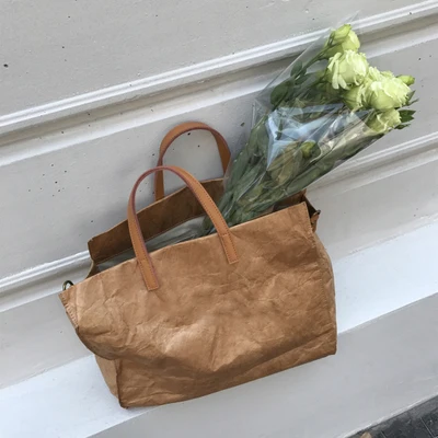 

NEW Wood Women Transparent Kraft Paper Vintage Shoulder Bags Letter Solid Casual Tote Handbags PU Leather Travel Shopping Pack
