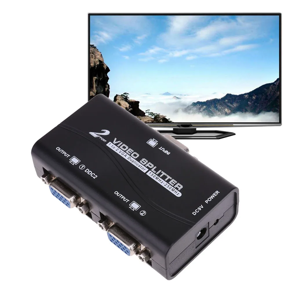 VKTECH 1 to 2 ports VGA Splitter 15pin Duplicator 1-in-2-out 250MHz Device Cascadedable Boots Video Signals 1 in 2 out ports hdmi 1 03b splitter