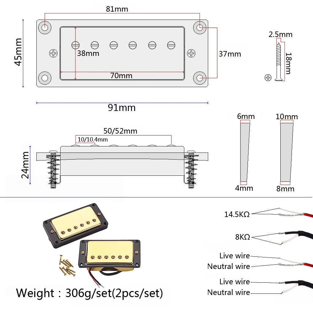 2 Pieces Double Coil Neck Bridge Pickup for LP Electric Guitar 50/52mm