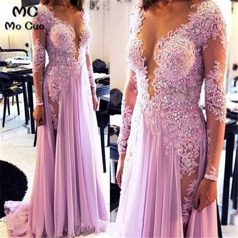 2018 Long Sleeve Evening Dresses Long vestidos de fiesta vestido de festa longo Deep V-Neck Appliques Beaded Women Evening Dress 2018 Long Sleeve Evening Dresses Long vestidos de fiesta vestido de festa longo Deep V-Neck Appliques Beaded Women Evening Dress