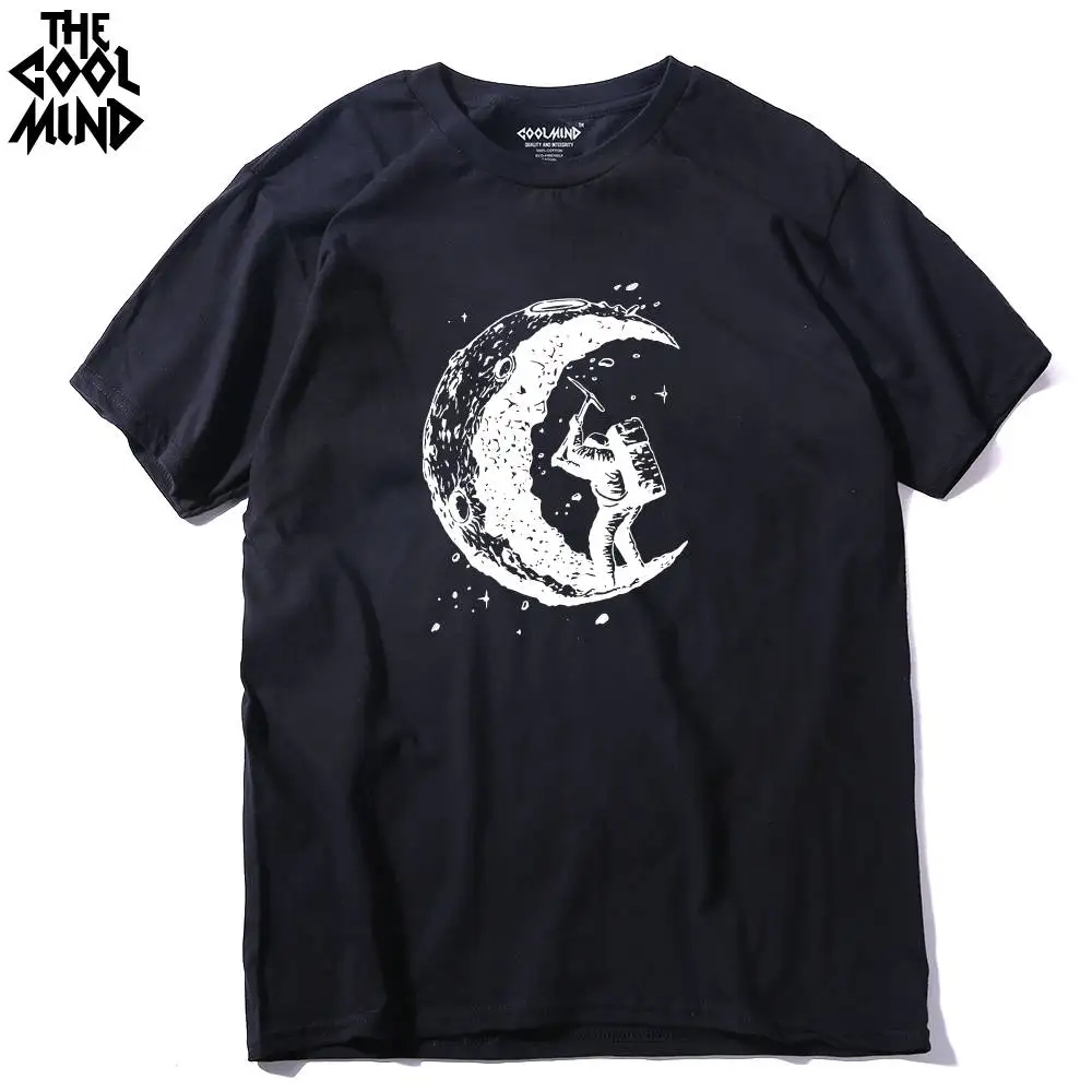 COOLMIND хлопок Повседневная футболка с коротким рукавом moon theam Мужская футболка с круглым вырезом трикотажная удобная ткань уличный стиль Мужская футболка - Цвет: BLK