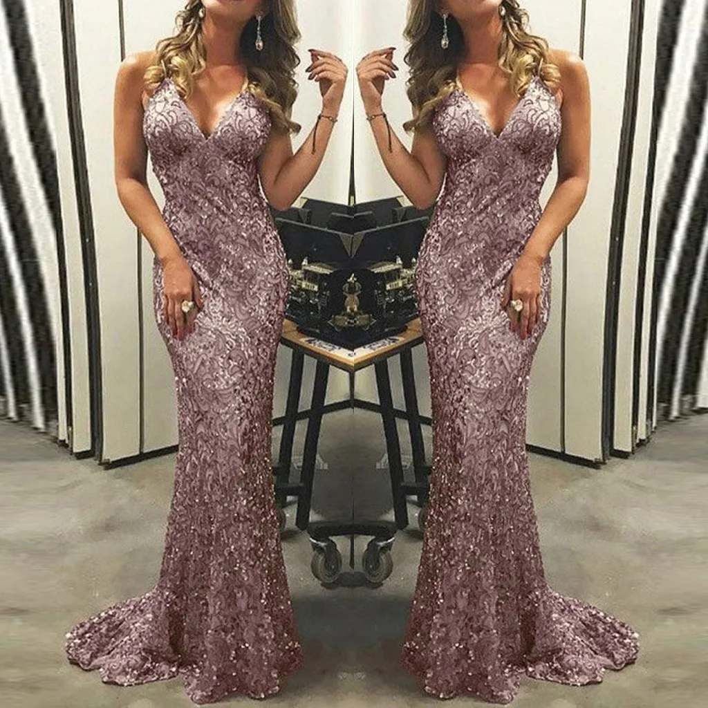 

2019 Summer Solid Color Floor-Length Trumpet Women Sexy Sequin Sleeveless Backless V Neck Bodycon Cocktail Party Long Dress #C