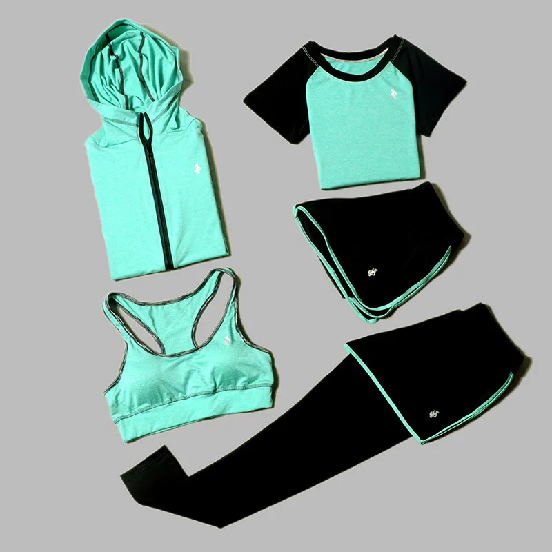 Комплект из 5 предметов для йоги, для женщин, для бега, фитнеса, футболка, спортивный бюстгальтер, одежда для фитнеса, женский тренировочный комплект, спортивный костюм - Цвет: 5-piece green-2