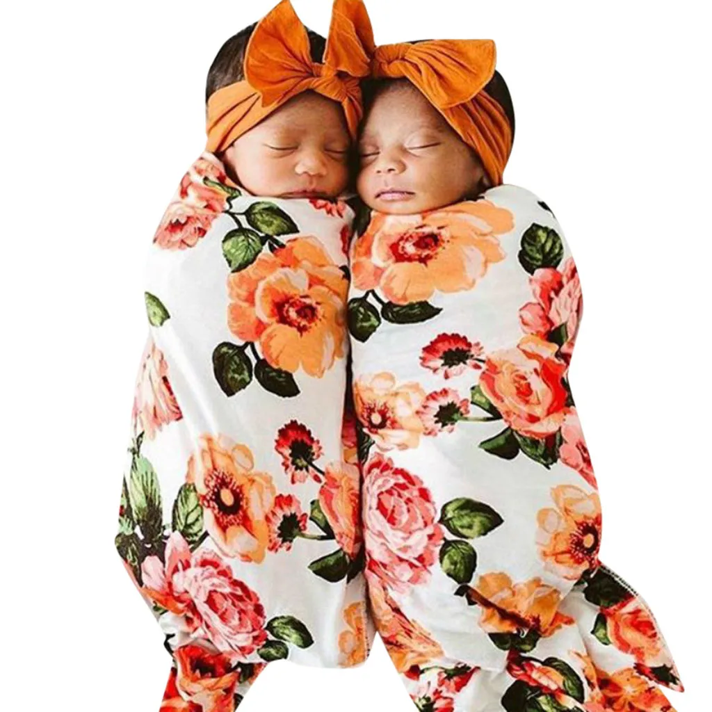 

100% Cotton Newborn Infant Baby Floral Muslin Swaddles Turban Hat Soft Sleeping Muslin Baby Blanket Wrap Set Baby Accessories