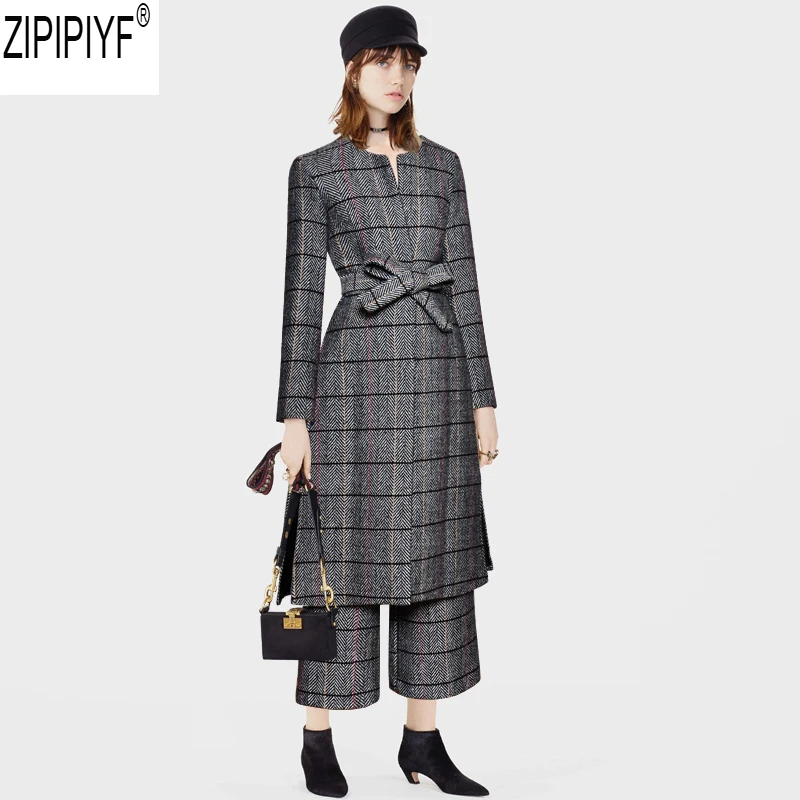 Pantalon Ol cou Et 2 Femmes Longueur Plaid De Mode Gris À 2018 Pleine Ensembles Longues Automne Tranchée Manches C2698 Pièce O Costumes Pantalons HaqTAO0w