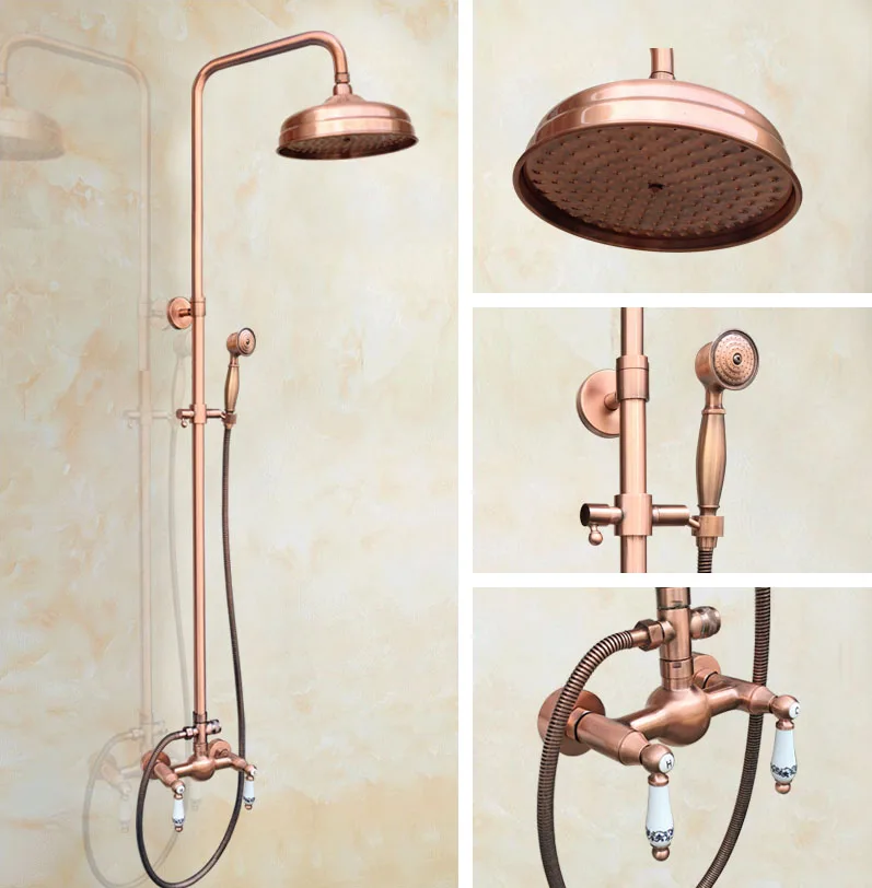 

Antique Red Copper Brass Dual Ceramic Handles Bathroom 8" Round Rain Shower Head Faucet Set Bath Mixer Tap Wall Mounted mrg551
