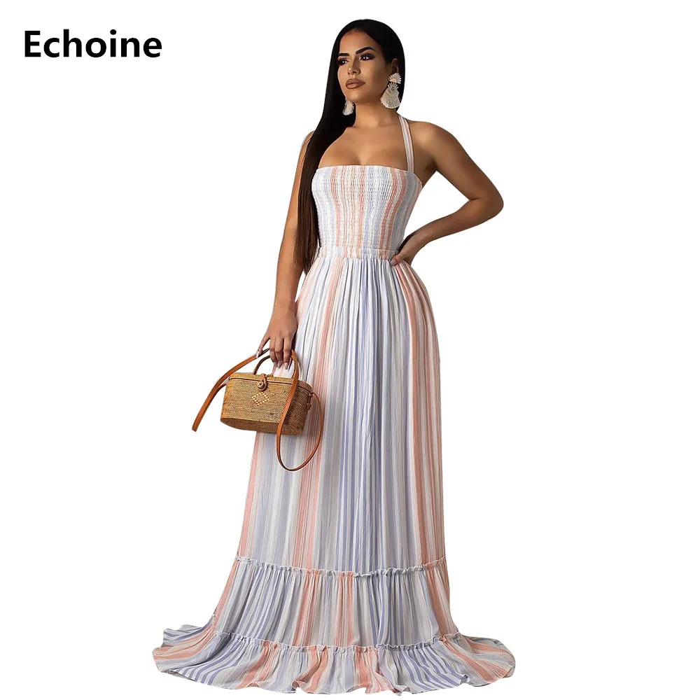 

Striped Print Spaghetti Strap Maxi Dress Lace Up Ruffle Elagant Party Long Dress Sexy Beach Dress Femme Robe Summer Vestidos
