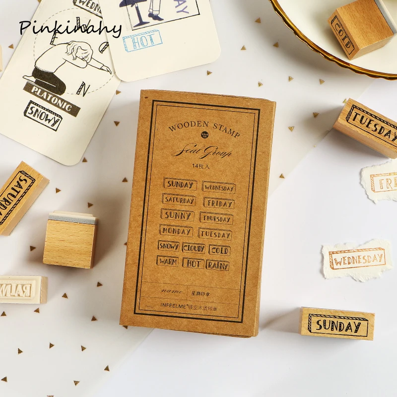 14 шт./лот винтажный еженедельник деревянные штампы DIY и резиновые для