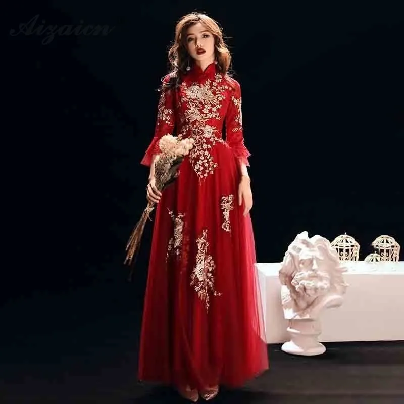 

Red 2019 Lace Long Cheongsam Dresses Chinoise Bride Marry Evening Gown Qi Pao Women Chinese Wedding Dress Qipao Robe Orientale