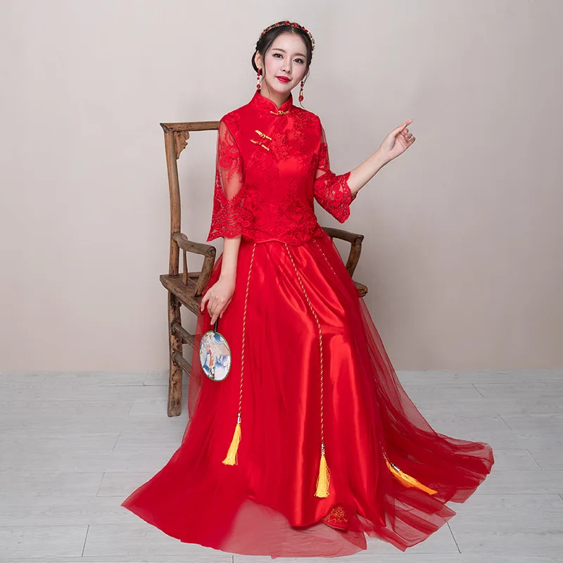 Красный китайский традиционный свадебное платье Cheongsam Qipao длинные восточные Стиль платья Китай Костюмы Вышивка халат