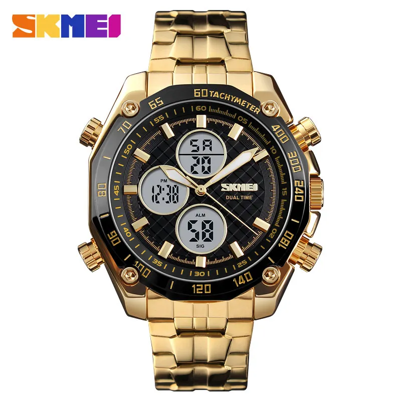 

Skmei Men's Watch Gold Digital 2 Time Waterproof Watches Man Eletronic Clock Silver Stainless Steel Adjustable Strap Wristwatch