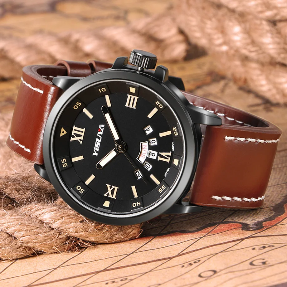 YISUYA Top Mens Watches Date Week Display Quartz Wristwatches Men Military Pilot Roman Numbers Male Sports Genuine Leather Clock (12)
