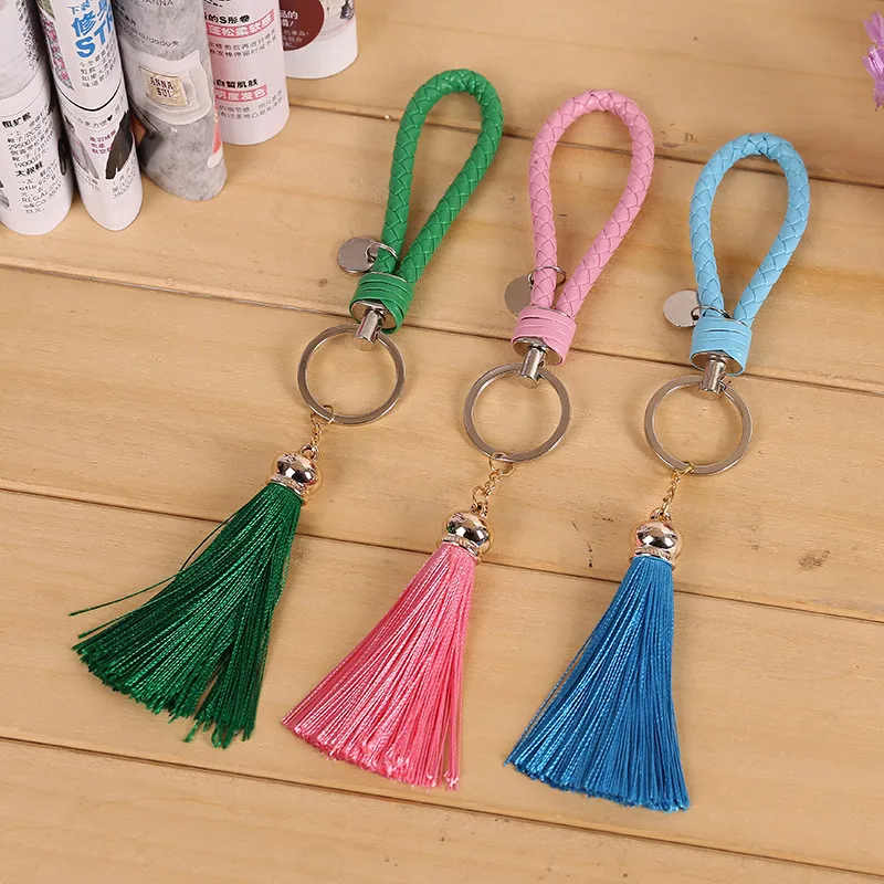 

New Fashion Faux Leather Tassel Keychain Silver Color Key Chain Ring Woman Bag Charms Trinket Car Fringed Keyring Wedding Gift