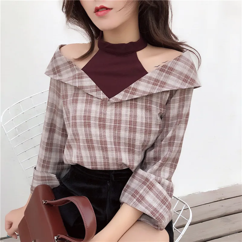 Women's Halter Neck Off shoulder Patchwork Plaid Shirts Blouses Girl