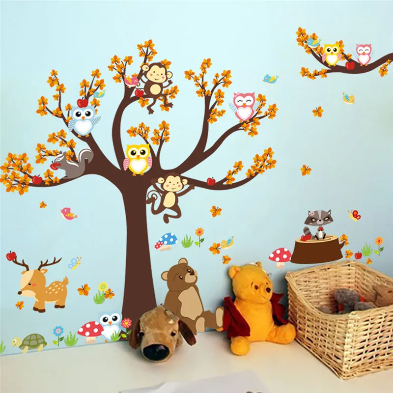 Настенные наклейки для детской комнаты с изображением мультяшного леса ветки дерева животных Совы обезьяны медведя оленя для мальчиков и девочек детская спальня домашний декор