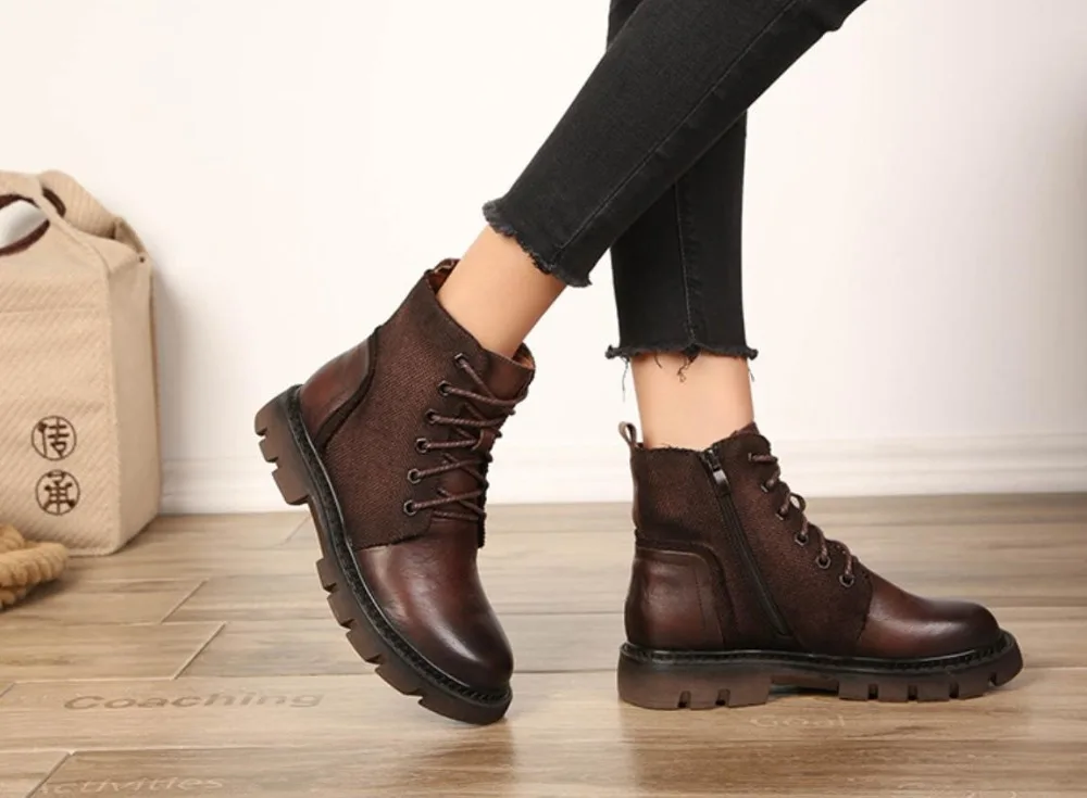 

Autumn and winter new low-heeled zipper head layer cowhide round head waterproof table boots