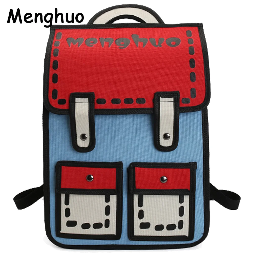 Menghuo 2017 New 3D Jump Style 2D Drawing Cartoon Paper Bag Comic Backpack Messenger Tote Fashion Cute Student Bag Bolos Mochila