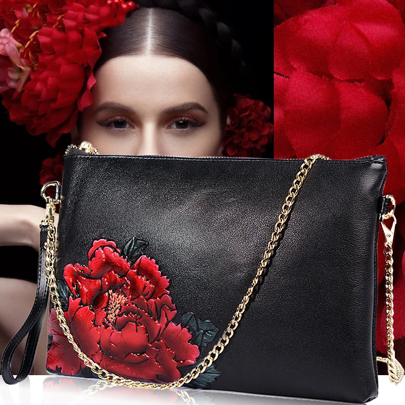 

HJKL 2018 Genuine Chinese Style Handbag Cow Leather Clutch Luxury Floral Pattern Chains Women Messengers Bags Party Shoulder Bag