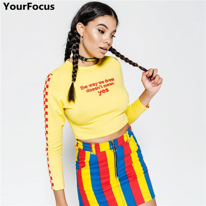 

Harajuku retro vintage the way we doesnt mean yes letters printed sleeve with plaid pattern long sleeve crop tshirt YQ-624