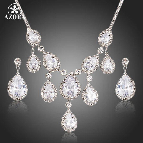 

AZORA Nobleness Clear Cubic Zirconia Waterdrop Pendant Necklace and Drop Earrings Jewelry Sets TG0151