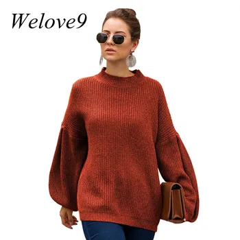 

Autumn Winter Knitted Sweater long lantern sleeve loose knitted sweater jumpers women casual korean sweater pullovers pull femme