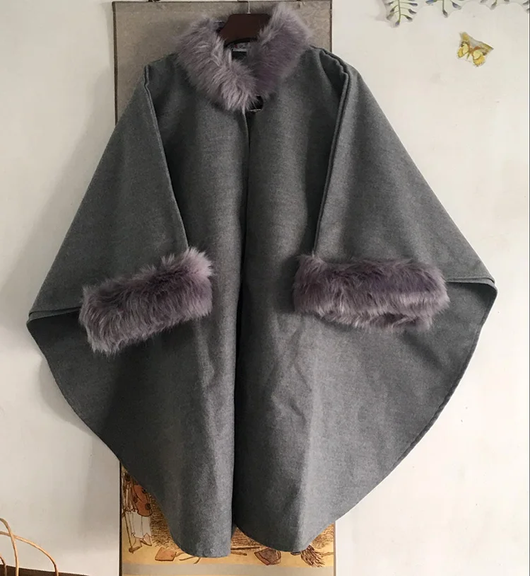 Пончо и накидки для женщин Рождественская мода с расклешенными рукавами воротник из искусственного лисьего Меха Зимняя шерстяная накидка пальто пончо длинное пальто