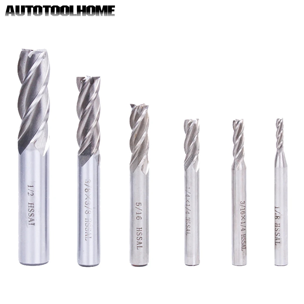 

6pc Imperial HSS Flat End Mill Set CNC Straight Shank 4 Flutes Metalworking Milling Cutter Aluminum Wood Drill Bits 3/8 1/4inch