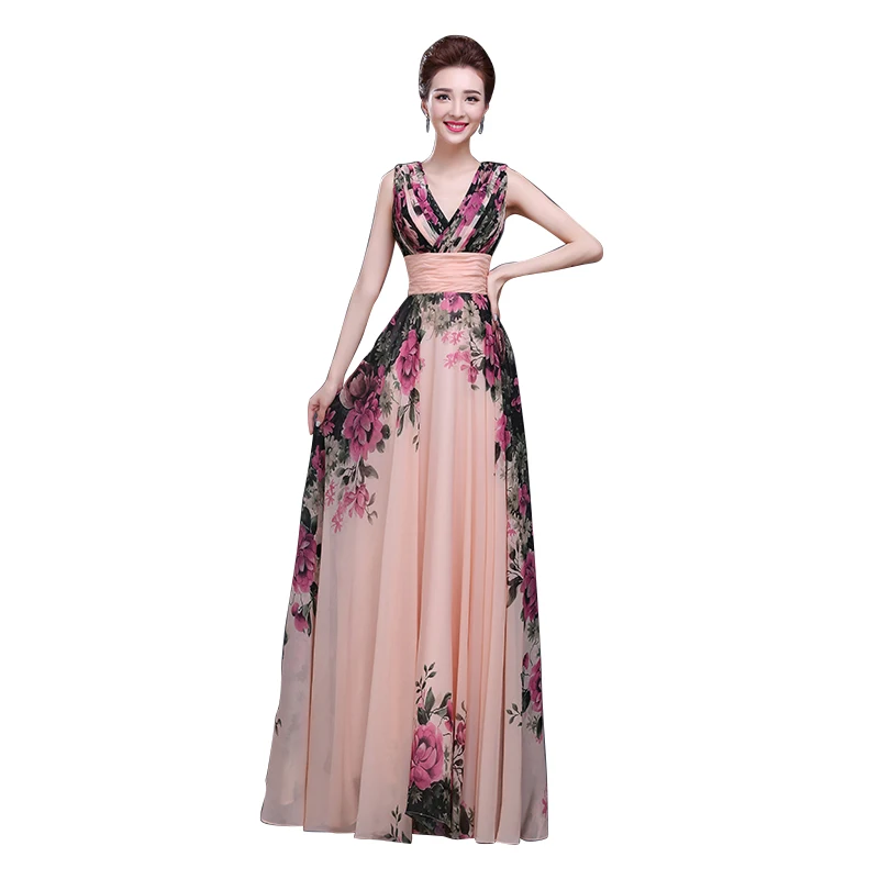 Floral Printed V-Neck Sleeveless Chiffon A-Line Formal Evening Dress Long 2016 Floor-Length Evening Party Prom Dress Pregnant Floral Printed V-Neck Sleeveless Chiffon A-Line Formal Evening Dress Long 2016 Floor-Length Evening Party Prom Dress Pregnant
