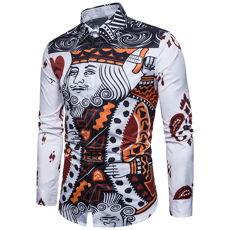 Mens Long Sleeve Printed Shirt Spring Fashion Cotton Poker Man Dress Shirts Slim Fit Casual Homme