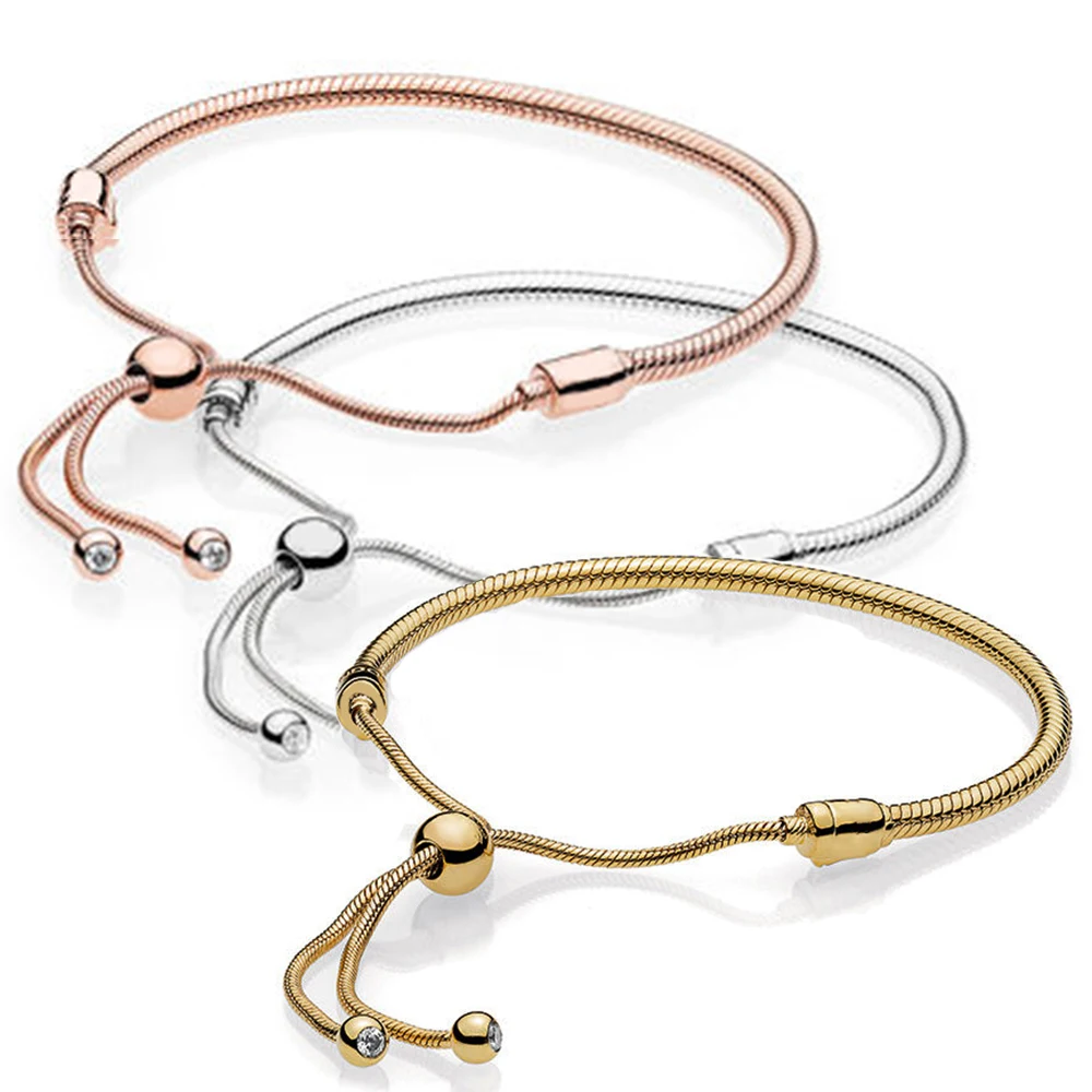 

KAKANY 100% 925 sterling silver 1:1 Genuine Glamour 14K Gold Rose Sliding Basic Bracelet Fit DIY Beaded Original Women Jewel