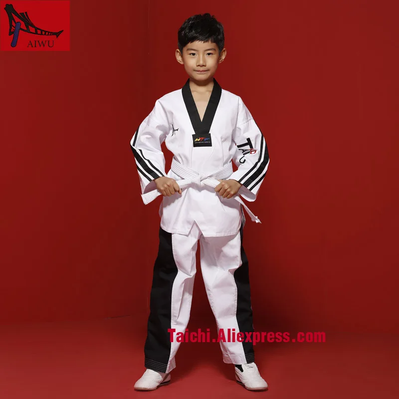 

White With Black Stripe Tae Kwon Do Children Taekwondo Uinform For Poomsae & Training,WTF Uniform,110-155cm