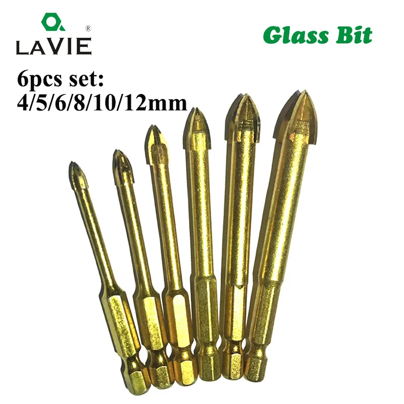 6pcs/Set Hex Titanium Plated Triangle Glass Drill Bits Power Tools Glass Drill Bit 4/5/6/8/10/12mm