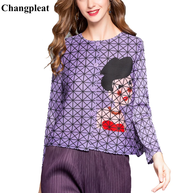 2018 Manches cou Manteau Single Marée Gamme Lâche Court Haut Plissée See Nouveau breasted see O Veste Changpleat De Miyak Mode Longues Chart Femmes Imprimé Chart dwqCC6T