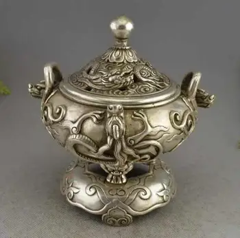 

China silver finely dragons decorative pattern incense burner censer Statue