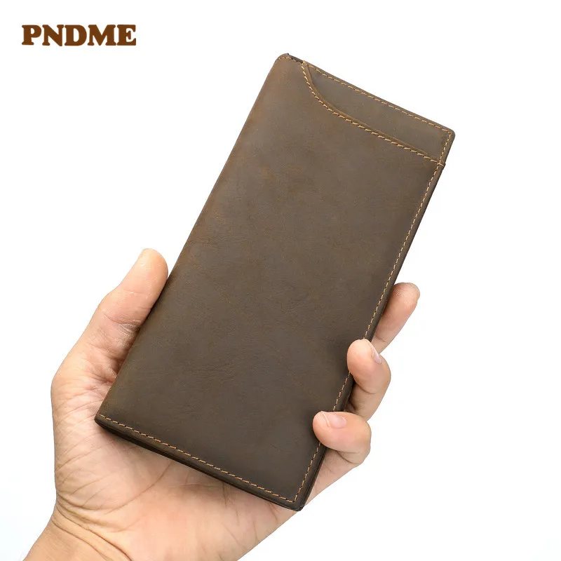

PNDME long vintage crazy horse leather men's wallet simple casual leather men's wallet card package Coin purse bag