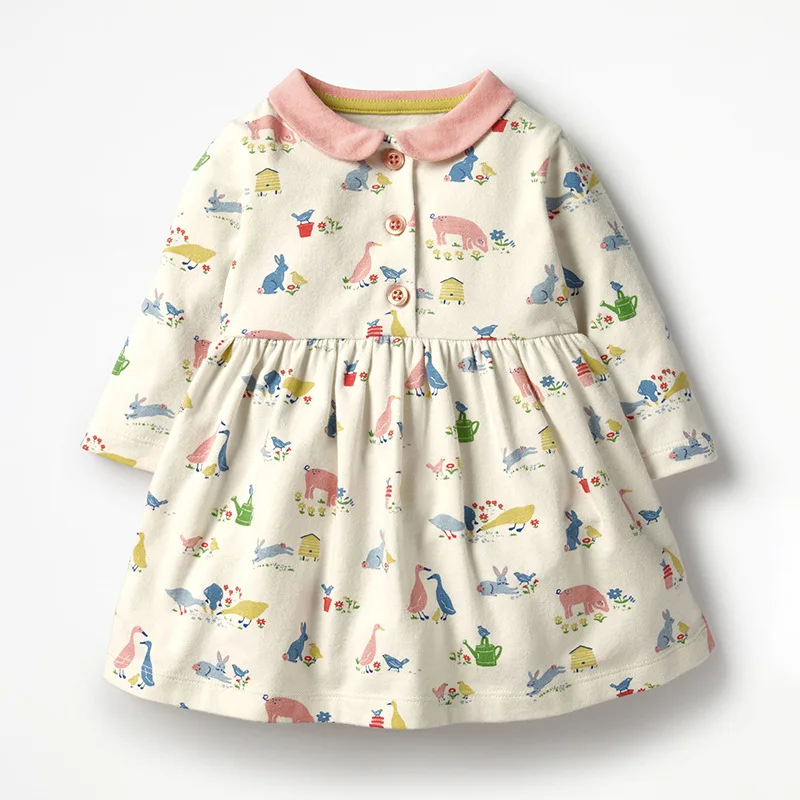 

Little Maven Spring Autumn New Full-Sleeved Beige Peter Pan Kids Animals Sweet Printed Knitted Cotton Girls Casual Dresses