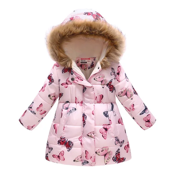 Детское зимнее пальто; Модное теплое плотное пальто с принтом для девочек; Верхняя одежда с воротником из натурального меха; флисовая хлопковая куртка; одежда для маленьких девочек - Цвет: Pink