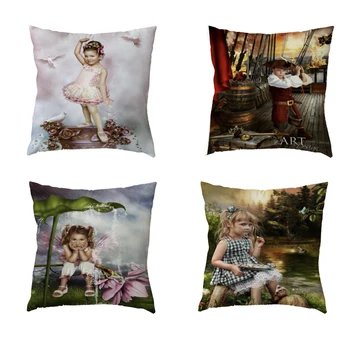 

Vintage White Throw Pillow Case Beautiful Girl Forest Lotus Leaf Pink Flower Pigeon Duck Home Bedroom Sofa Decor Cushion Cover