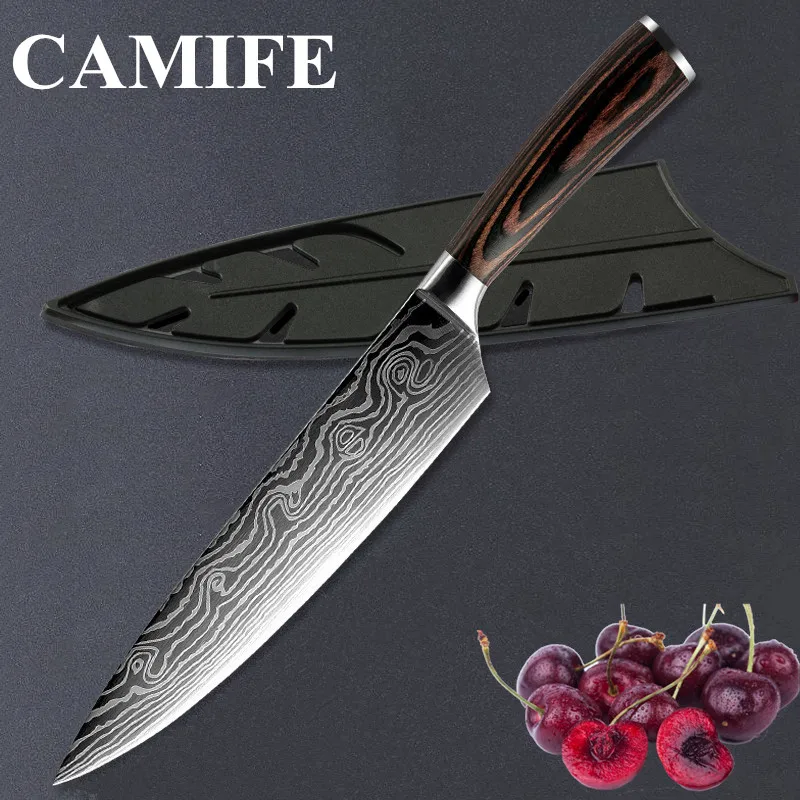 

8 inch Utility Chef Knives Imitation Damascus Steel Santoku Kitchen Knives Sharp Cleaver Slicing Knives Free Gift Knife Covers