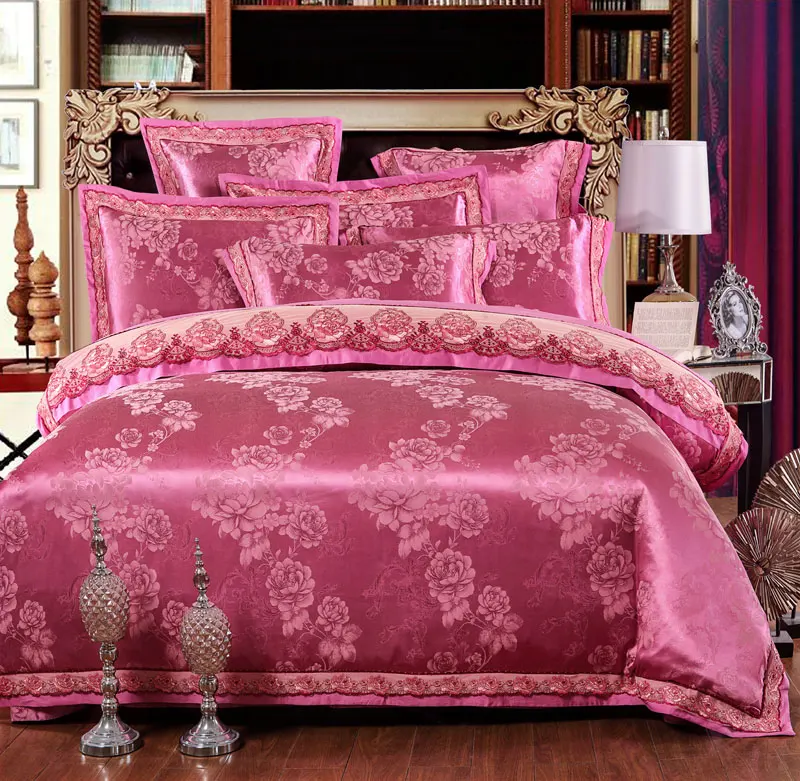 White Silver Color Jacquard Luxury Bedding sets 4/6 Pcs Queen/King size lace cotton Stain Bed set Bed linen Duvet cover pillow 98