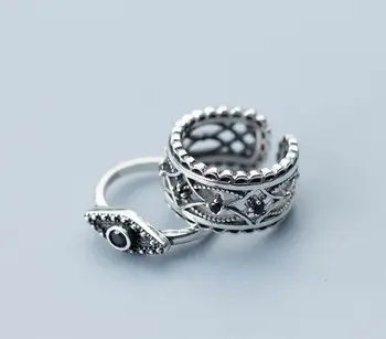 

1pc Thail Silver 100% Authentic REAL.925 Sterling Silver Black CZ rhombus /Hollow Retro Partten Band wider Rings GTLJ1552