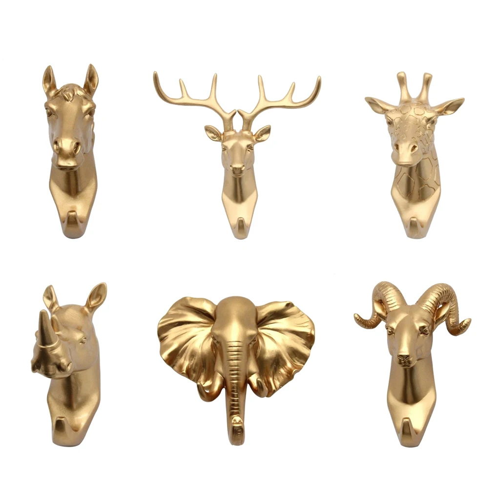 6Pcs Wall Mounted Resin Animal Head Hook Hanger Bag Keys Cloth Holder Home Room Decorative Gold High Quality 