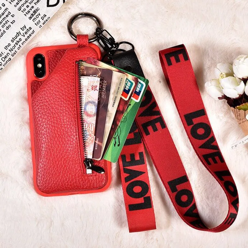 

FTAIDKJ Luxury PU Leather Wallet Zipper TPU Phone Case For iPhone 6 6S 7 8 Plus X XR XS Max Hand Strap Back Cover With Lanyard