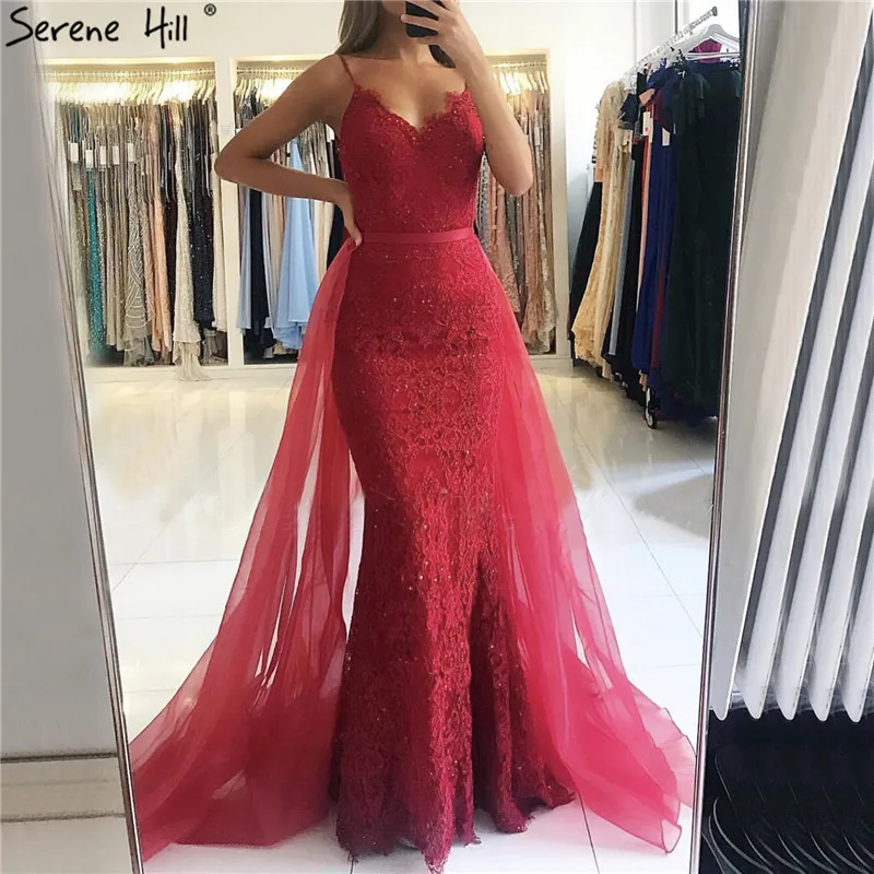 

Red Sling Lace Beading Mermaid Prom Dresses 2019 Sexy Sleeveless V-Neck Tulle Prom Gowns Serene Hill BLA70064